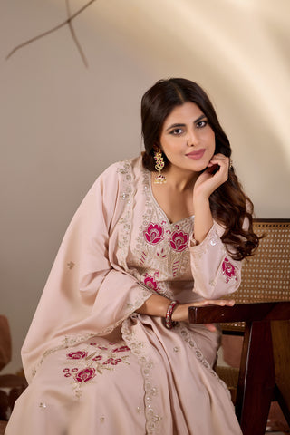 Blush Pink Straight Kurta Set with Magenta Floral Embroidery & Sequin Dupatta