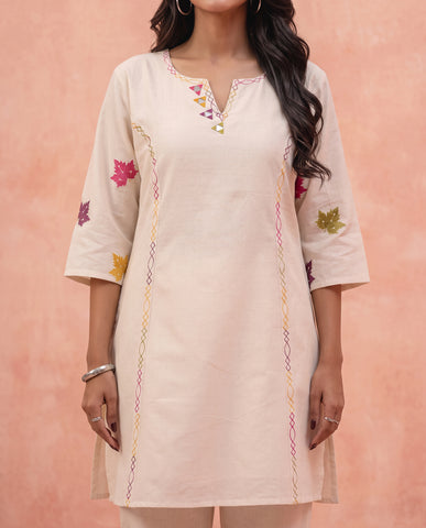 Women's Ivory Cotton Embroidered Kurta Pants Set