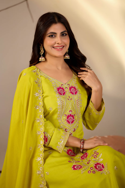 Lime Green Embroidered Straight Kurta Set with Scalloped Dupatta