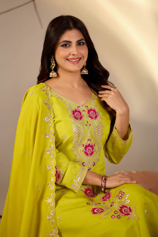 Lime Green Embroidered Straight Kurta Set with Scalloped Dupatta
