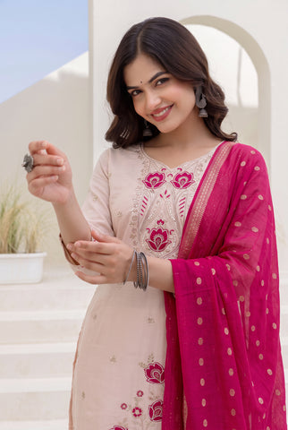 Blush Peach Embroidered Kurta Set with Rani Pink Banarasi Dupatta