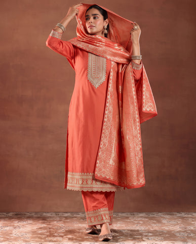 Women's Orange Embroidered Kurta Set with Banarasi Dupatta