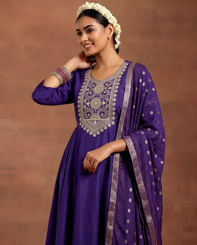 Women's Purple Embroidered Work Kurta Suit Set with Dupatta