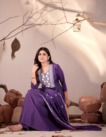 Purple Flared Anarkali Kurta Set with White Chikankari Embroidery