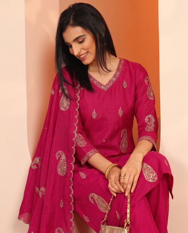 Rani Pink Embroidered Cotton A-Line Suit Set for Women with Dupatta