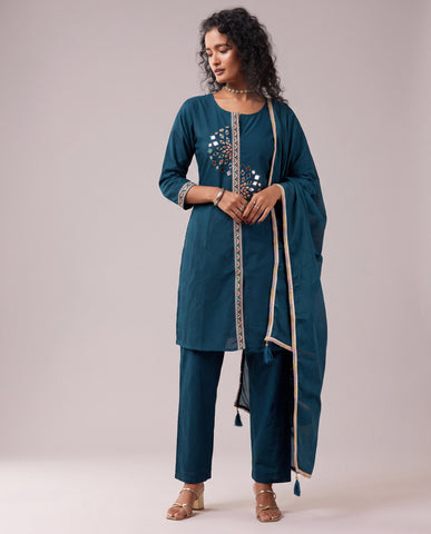Women's Blue Embroidered Kurta Set with Mirror Work