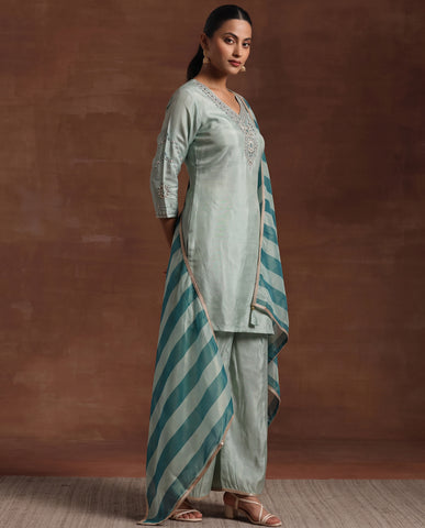 Sky Blue Embroidery Neck Work Short Kurta Suit Set With Dupatta