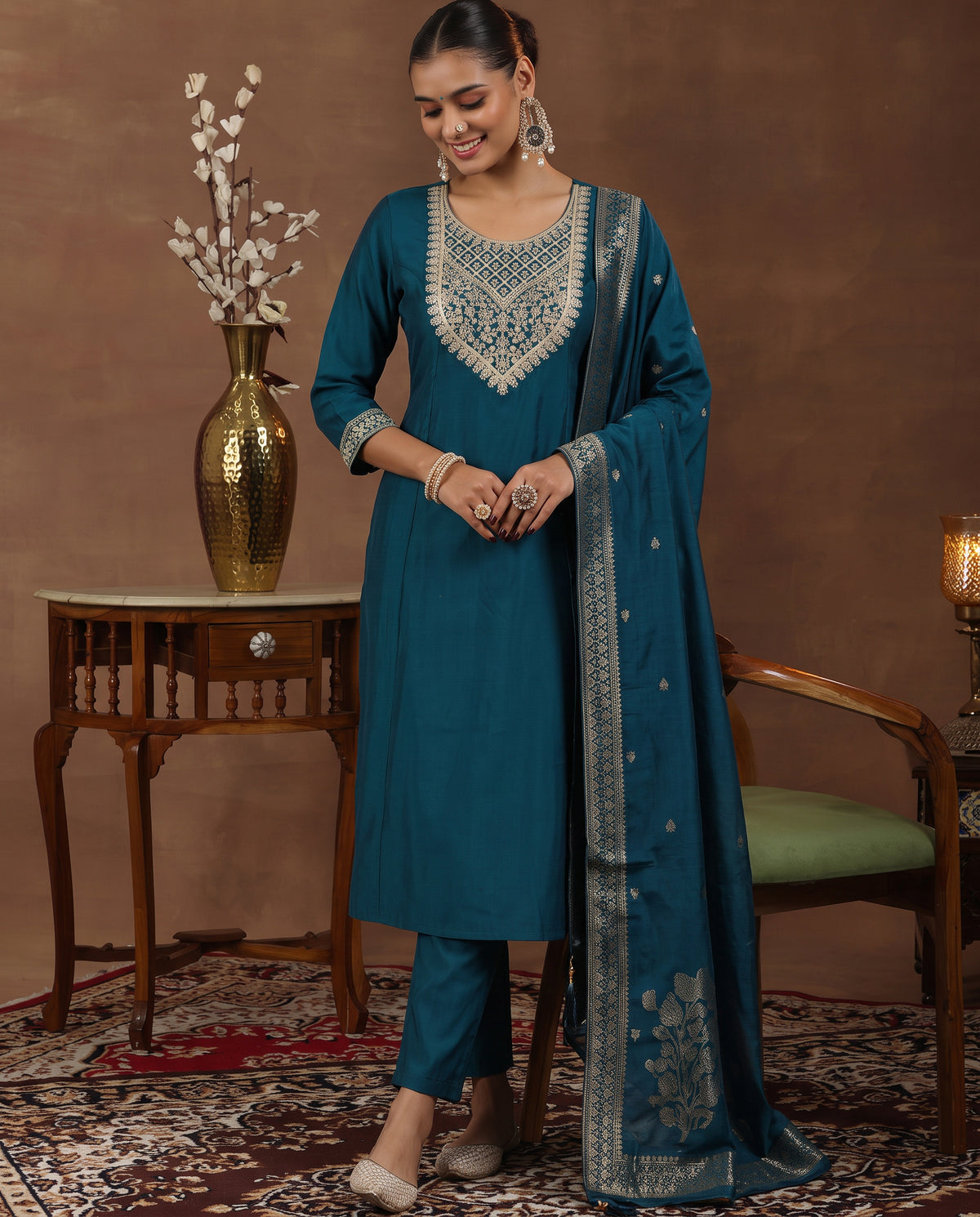 Women's Ethnic Teal Embroidered Kurta Suit Set With Dupatta