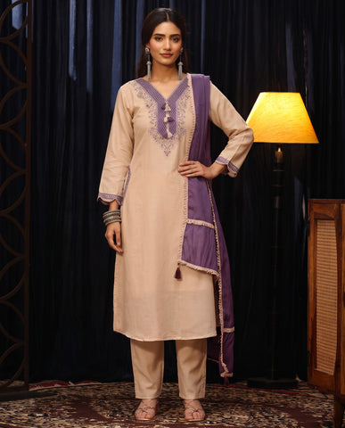 Cream Embroidered Cotton A-Line Suit Set for Women with Purple Dupatta