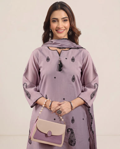 Violet Embroidered Cotton A-Line Suit Set for Women with Dupatta