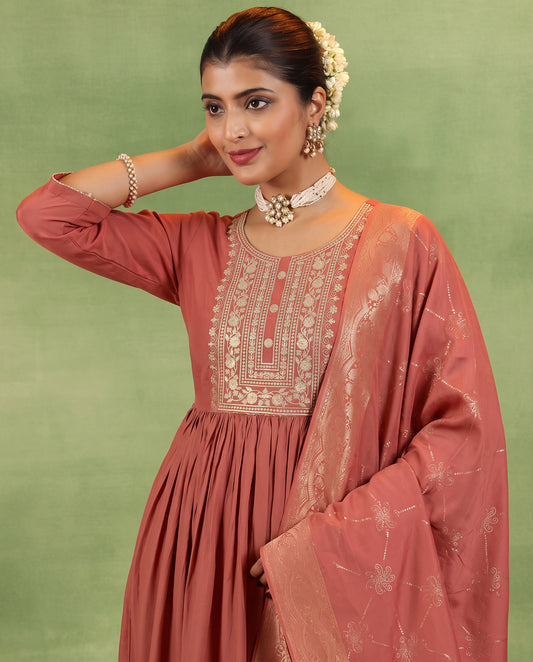Women's Rust Embroidered Ethnic Kurta Suit Set with Jacquard Dupatta