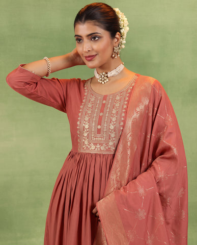 Women's Rust Embroidered Ethnic Kurta Suit Set with Jacquard Dupatta