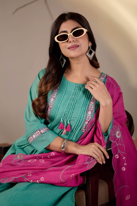 Sea Green Pintuck Kurta Set with Fuchsia Pink Floral Dupatta