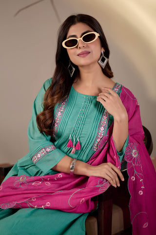 Sea Green Pintuck Kurta Set with Fuchsia Pink Floral Dupatta