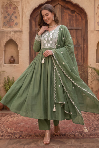 Olive Green Anarkali Suit with White Embroidered Yoke