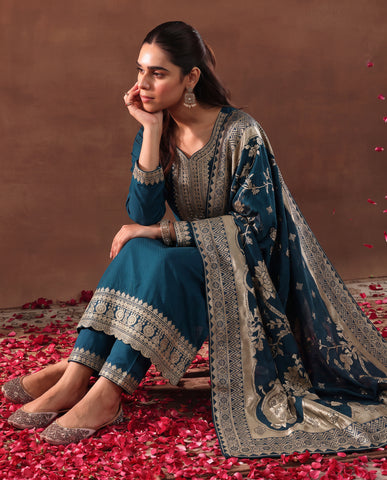 Women's Festive Teal Embroidered Kurta Suit Set with Dupatta