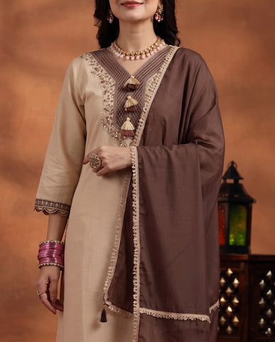 Cream Embroidered Cotton A-Line Suit Set for Women with Brown Dupatta