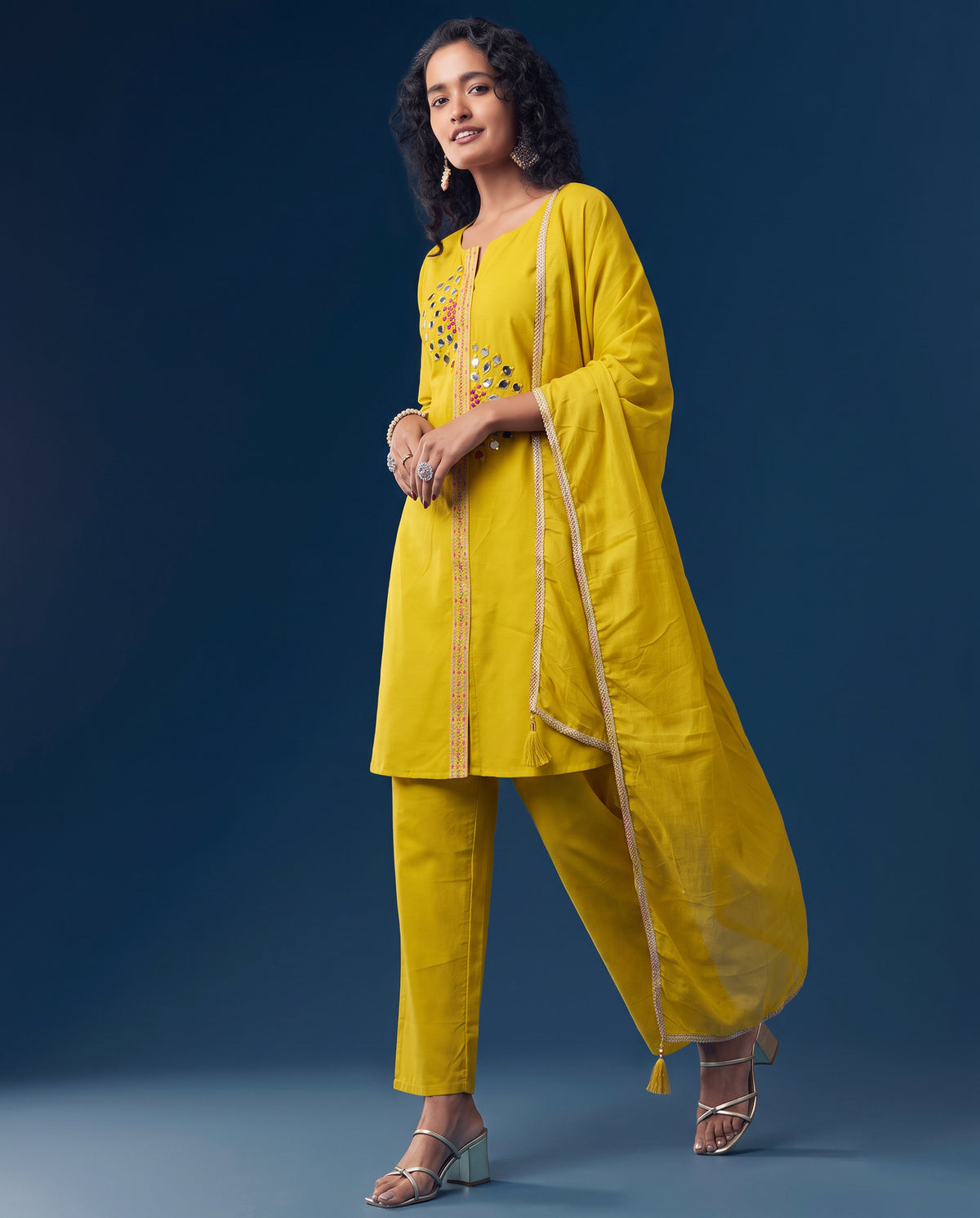 Women's Mustard Yellow Mirror Work Kurta Pant Set with Dupatta