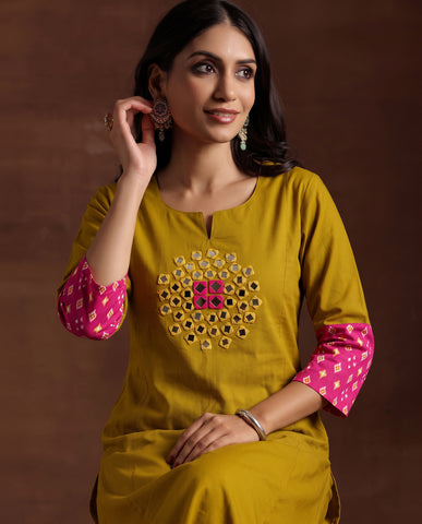 Women's Mustard Yellow Kurta Pant Set with Mirror Work