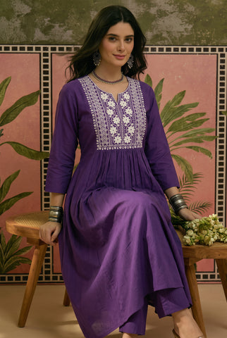 Purple Anarkali Kurta Set with White Chikankari-Style Embroidery