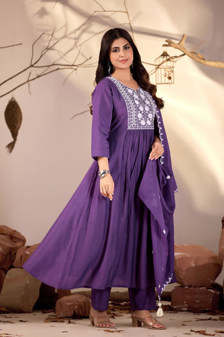Purple Flared Anarkali Kurta Set with White Chikankari Embroidery