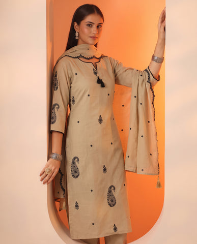 Cream Embroidered Cotton A-Line Suit Set for Women with Dupatta