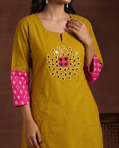 Women's Mustard Yellow Kurta Pant Set with Mirror Work