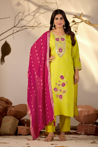 Lime Green Embroidered Kurta Set with Rani Pink Banarasi Dupatta