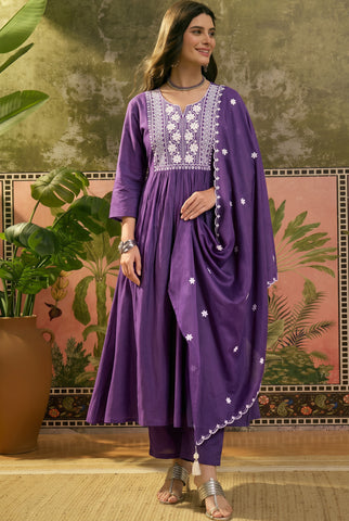 Purple Anarkali Kurta Set with White Chikankari-Style Embroidery