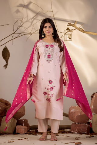Blush Peach Embroidered Kurta Set with Rani Pink Woven Dupatta