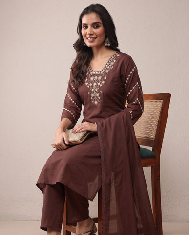 Brown Embroidered Cotton A-Line Kurta Set with Dupatta