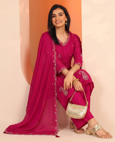 Rani Pink Embroidered Cotton A-Line Suit Set for Women with Dupatta