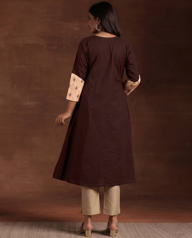 Coffee Brown Mirror Work Kurta with Ikat Print Sleeves & Pant