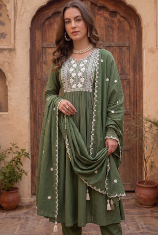 Olive Green Anarkali Suit with White Embroidered Yoke