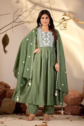 Olive Green Flared Anarkali Suit with White Embroidered Yoke