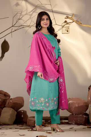 Sea Green Pintuck Kurta Set with Fuchsia Pink Floral Dupatta