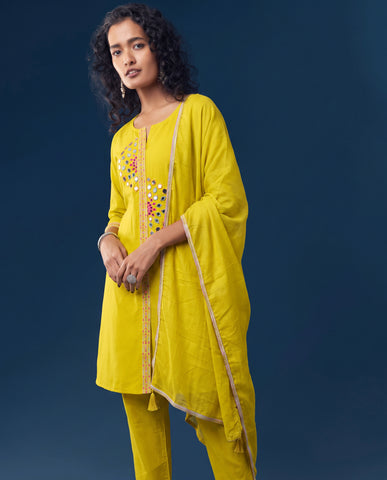 Women's Mustard Yellow Mirror Work Kurta Pant Set with Dupatta