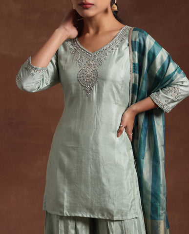 Sky Blue Embroidery Neck Work Short Kurta Suit Set With Dupatta