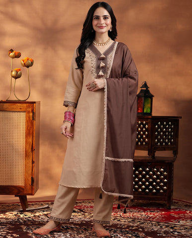 Cream Embroidered Cotton A-Line Suit Set for Women with Brown Dupatta