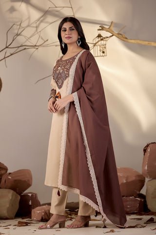 Beige Straight Kurta Set with Brown Peacock Embroidery & Lace-Trim Dupatta
