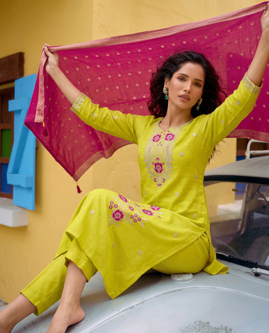 Lime Green Straight Kurta Set with Magenta Floral Embroidery & Banarasi Dupatta
