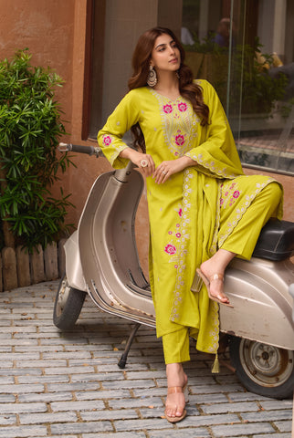 Mehendi Green Embroidered Straight Suit with Scalloped Dupatta
