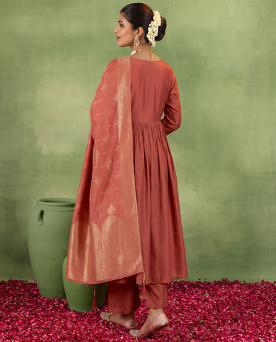 Women's Rust Embroidered Ethnic Kurta Suit Set with Jacquard Dupatta