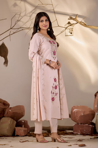 Blush Pink Straight Kurta Set with Magenta Floral Embroidery & Sequin Dupatta
