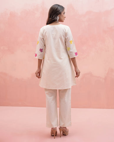 Women's Ivory Cotton Embroidered Kurta Pants Set