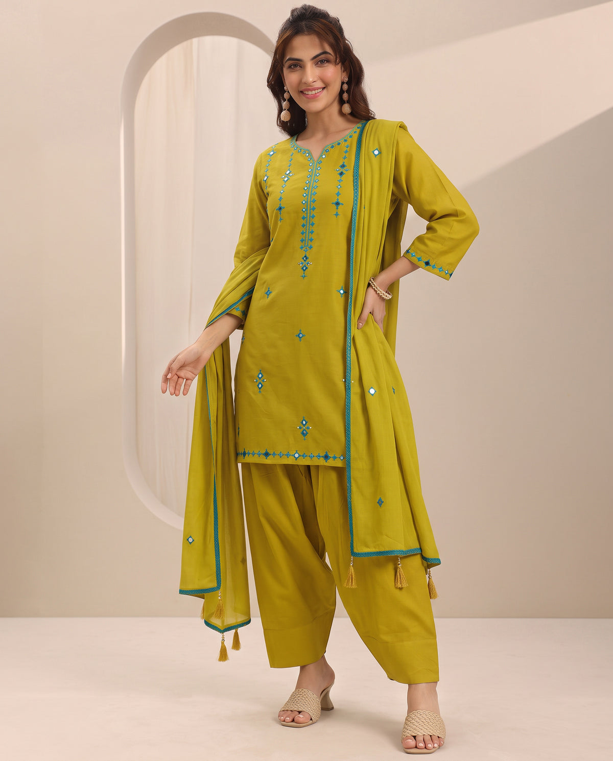 Lemon Green Embroidery Worked Short Kurta Suit Set With Dupatta
