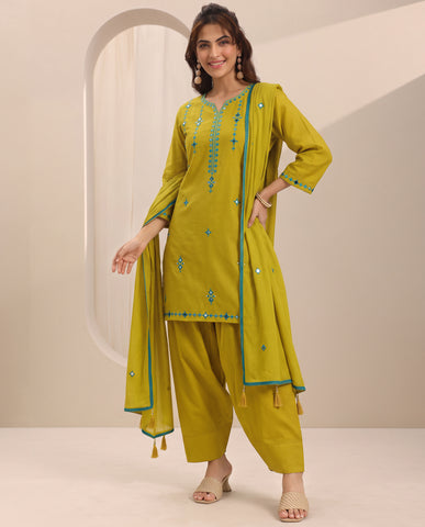Lemon Green Embroidery Worked Short Kurta Suit Set With Dupatta
