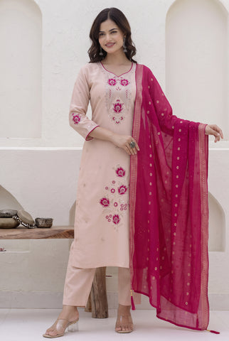Blush Peach Embroidered Kurta Set with Rani Pink Banarasi Dupatta