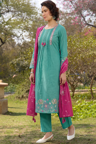 Sea Green Pintuck Kurta Set with Pink Floral Dupatta