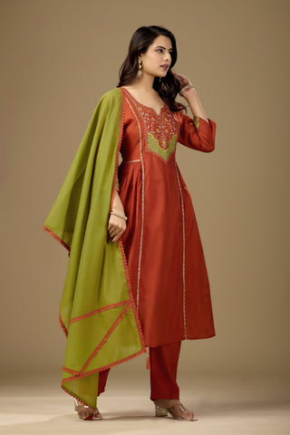 Rust Orange Cotton A-Line Kurta Set for Women with Dupatta